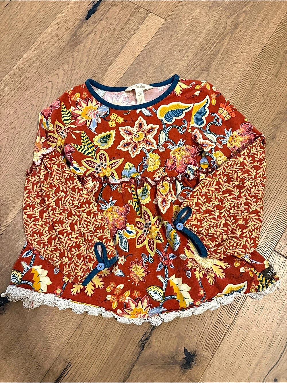 Matilda Jane Girls Size 4 Floral Fall Rust and Blue Top